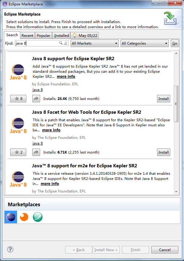 图 1. 安装 Java 8 support for Eclipse Kepler SR2